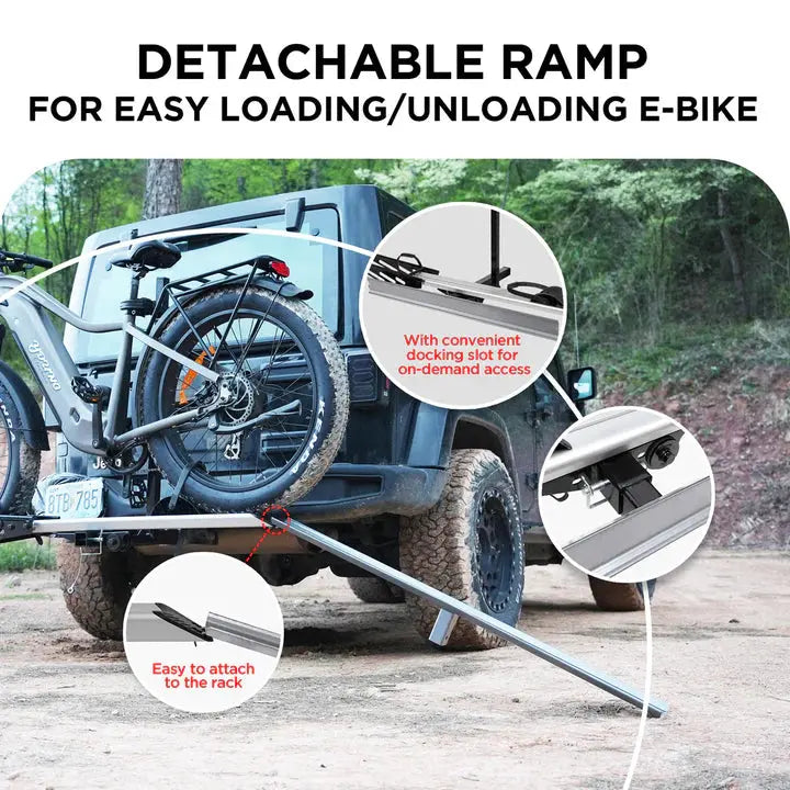 1-Bike Hitch E-bike Rack with Ramp, Folding Single Electric Bike Carrier, 100 LBS Capacity, Fits 2'' Receiver - eJOEbike