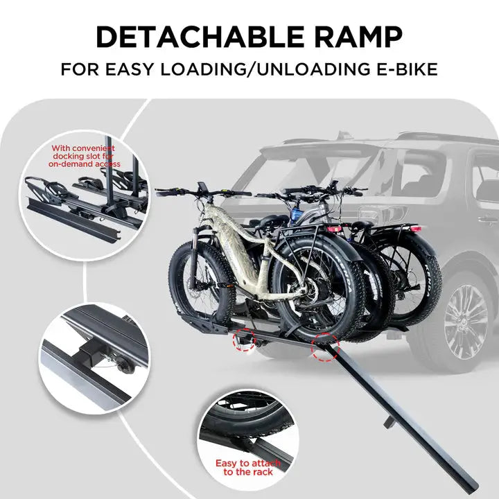 3-Bike Hitch E-bike Rack with Ramp, Fat Tire Electric Bike Carrier, 250 LBS Capacity, Fits 2'' Receiver - eJOEbike