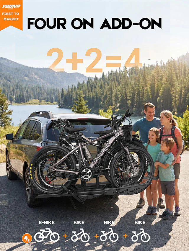 Hitch E-bike Rack | 2+2 Add-On, Expandable 4-Bike, 250lbs 
