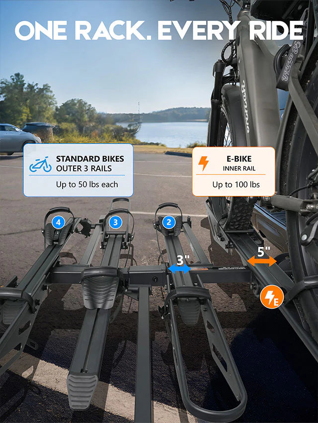 Hitch E-bike Rack | 2+2 Add-On, Expandable 4-Bike, 250lbs 